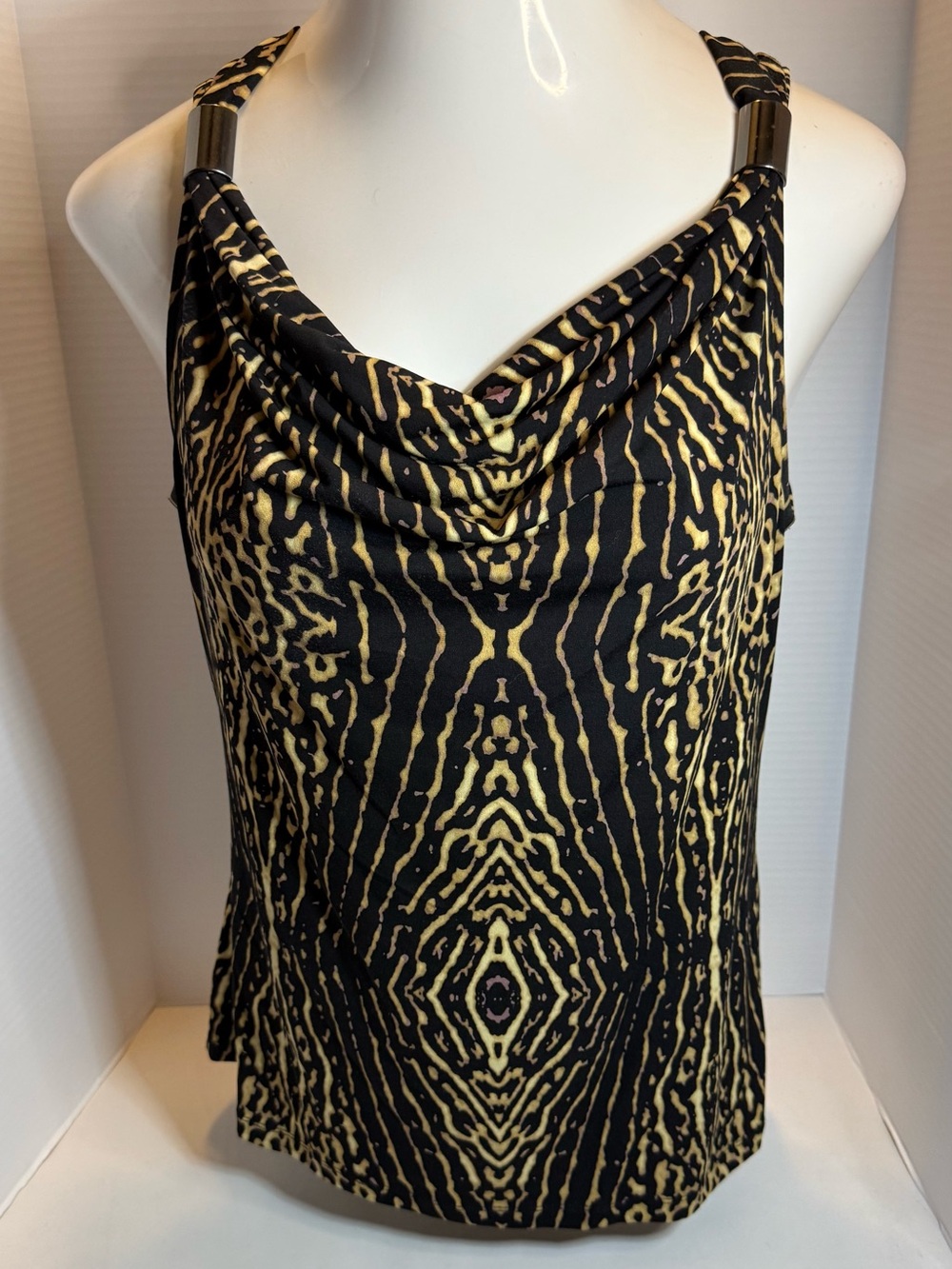 Kenneth Cole Black & Gold Animal-Print Draped Neck Women's Top